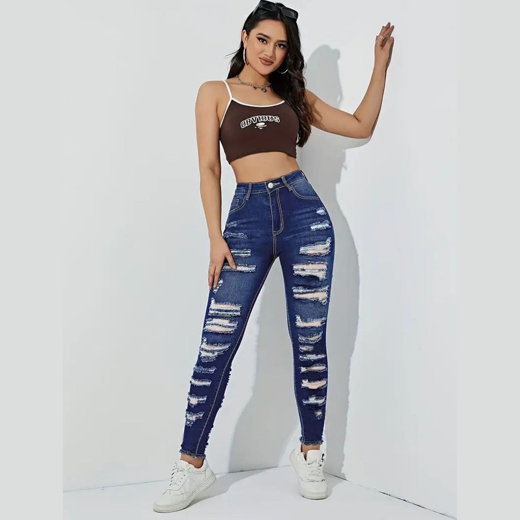 High Waist Distressed Skinny Jeans with Heavily Ripped Design